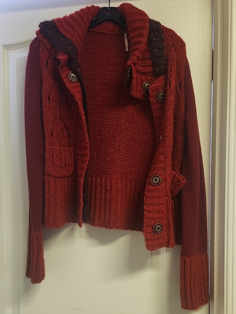 Vintage Free People Red Chunky Button-Up Knit Cardigan